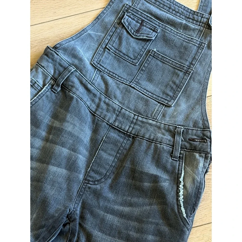 Free People Gray Denim Overalls Slim Tapered Distressed Bib Dungarees Gray
